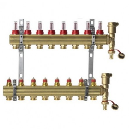 Группа коллекторная латунь FHF-F set Дн 1"х3/4 на 12 выходов с расходомерами Danfoss 088U0732